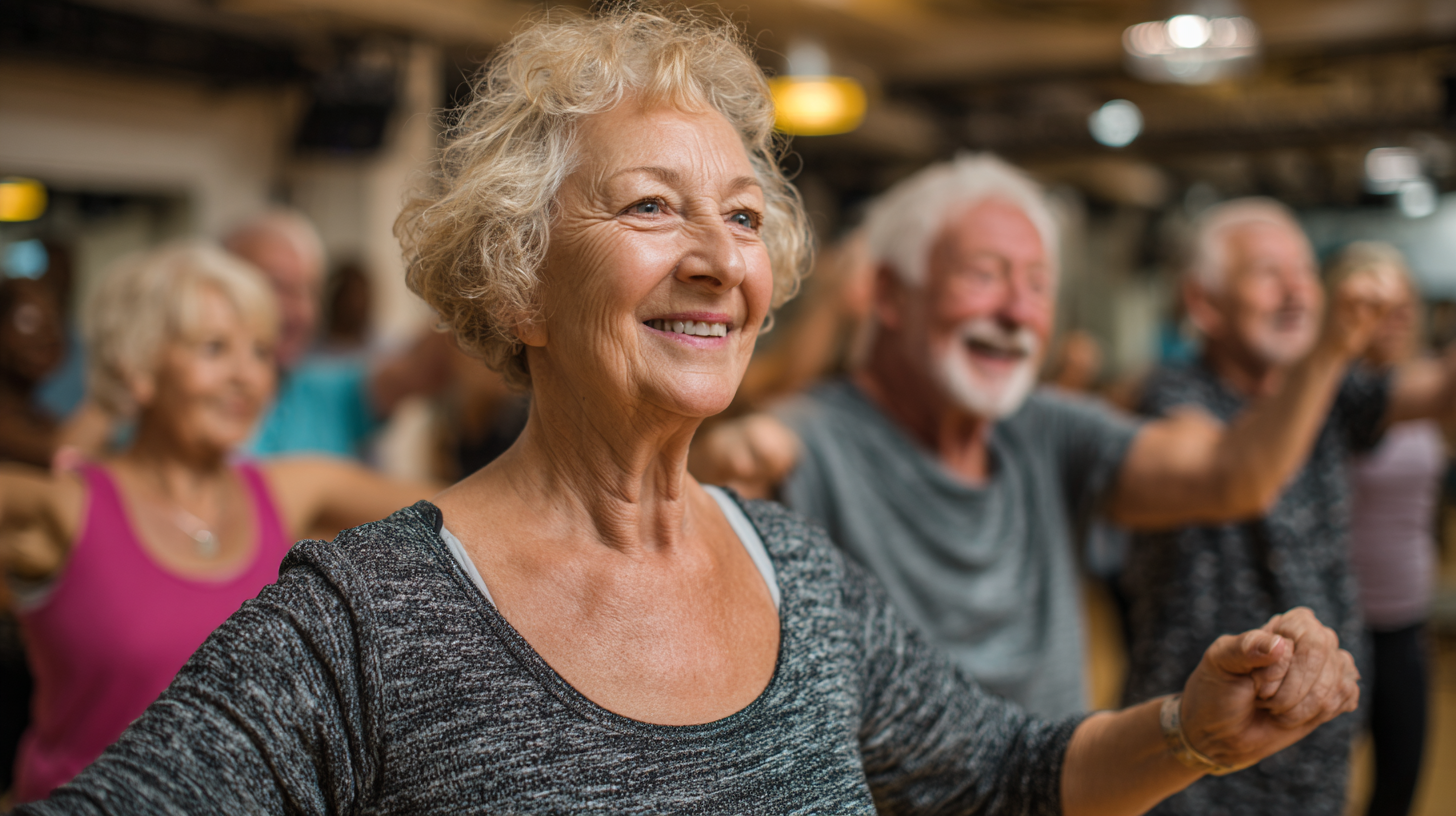 Група людей старшого віку займається фітнесом на природі в парку