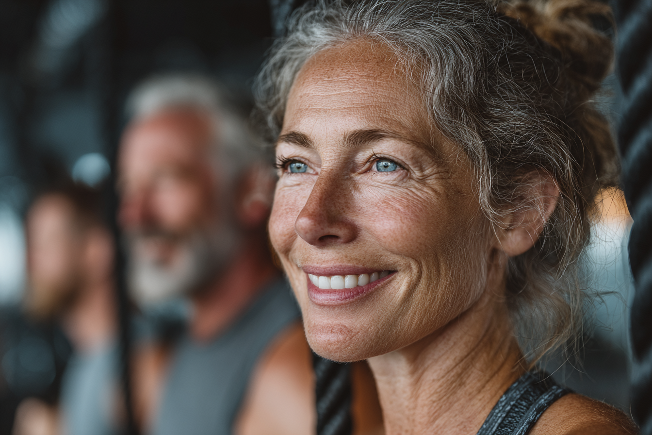 Чоловік та жінка середнього віку виконують вправи з скандинавськими палицями на фоні осінніх дерев